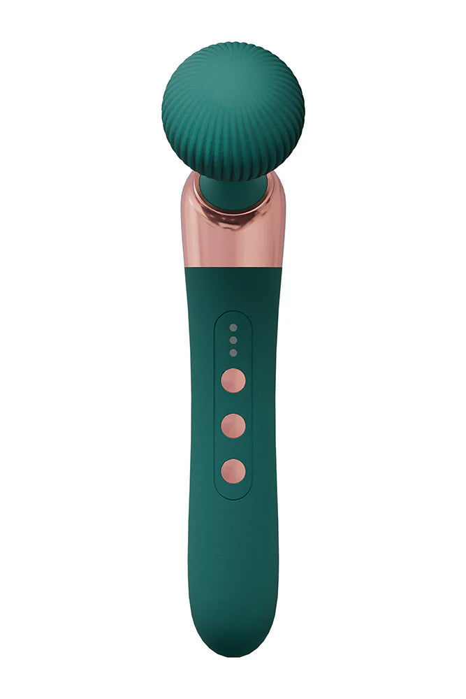 Loveline Serenity Wand personal massager in teal silicone with rose gold accents and textured rounded head.