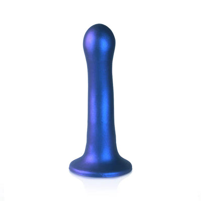 Metallic blue 7-inch curvy G-spot dildo with a strong suction cup base made of ultra-soft silicone.