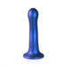 Metallic blue 7-inch curvy G-spot dildo with a strong suction cup base made of ultra-soft silicone.
