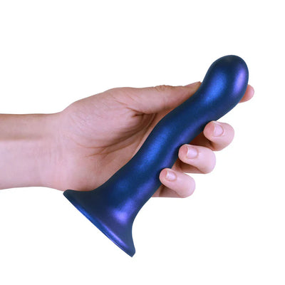 Hand holding a 7-inch ultra-soft curvy G-spot dildo with a metallic blue finish and suction cup base.