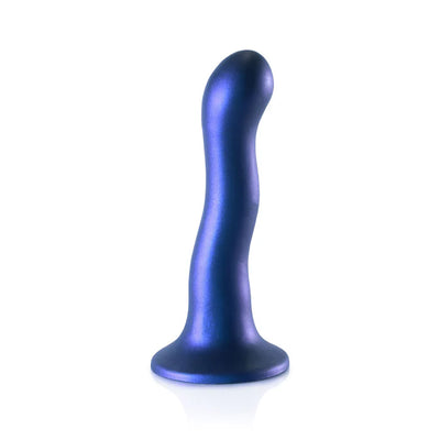 Curvy 7-inch metallic blue silicone G-spot dildo with a strong suction cup base on a white background.