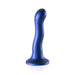 Curvy 7-inch metallic blue silicone G-spot dildo with a strong suction cup base on a white background.