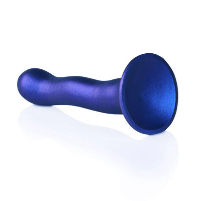 Curvy 7-inch ultra-soft blue silicone G-spot dildo with strong suction cup base on white background.