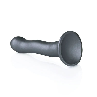 Curvy 7-inch dark gray silicone G-spot dildo with suction cup base on white background.