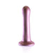 Metallic pink 7-inch curvy G-spot dildo with a strong suction cup base made of ultra-soft silicone.