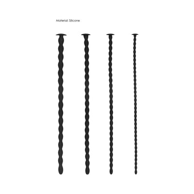 Set of four black silicone spiral urethral sounding plugs in varying thicknesses with flat rounded handles.