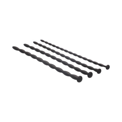 Set of four black silicone spiral urethral sounding plugs with smooth rounded tips and flat bases.