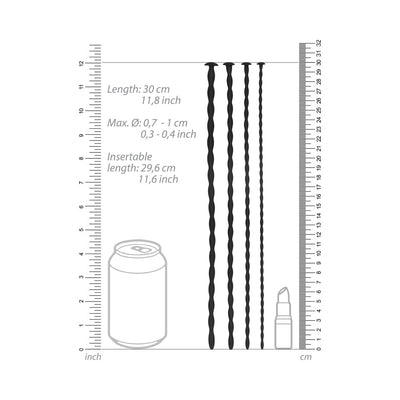 Set of four black silicone spiral urethral sounding plugs with measurement scales and size comparison to a soda can and lipstick.