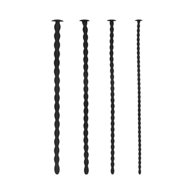 Set of four black silicone spiral urethral sounding plugs in varying thicknesses with flat rounded handles.