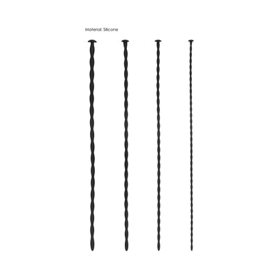 Set of four black silicone spiral urethral sounding plugs in varying diameters with flat rounded heads for safe use.