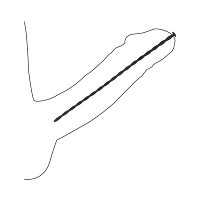 Black silicone spiral urethral sounding plug shown inserted in a simple line drawing of a penis.