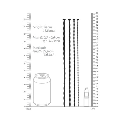 Set of four black silicone spiral urethral sounding plugs with measurement scales and size comparison to a soda can and lipstick.