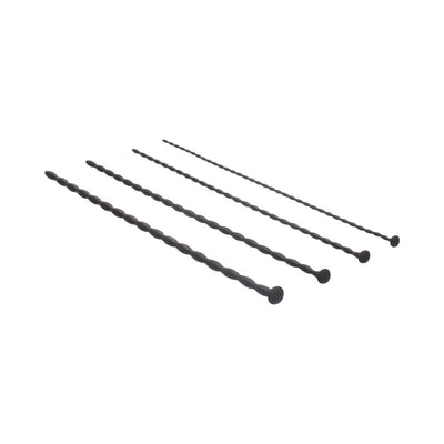 Set of four black silicone spiral urethral sounding plugs in varying diameters with flat rounded heads for safe removal.