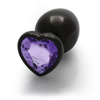 Large gunmetal metal plug with a heart-shaped amethyst-colored jewel base, smooth and tapered for comfort.