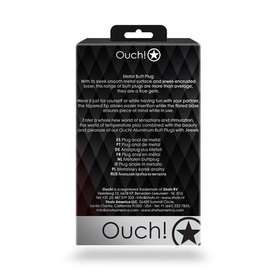 Black and silver packaging of Ouch! metal butt plug with product description and brand information on the back.