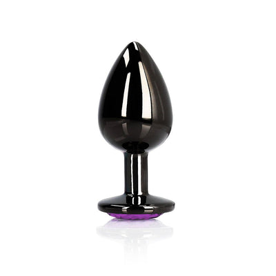 Large gunmetal metal butt plug with a smooth tapered shape and a purple jewel base for elegant temperature play.