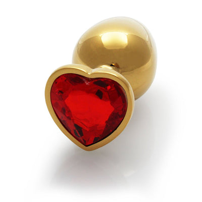 Medium-sized gold aluminum plug with a red heart-shaped gem at the base on a white background.