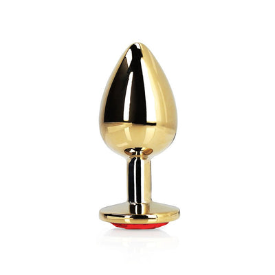 Medium gold-toned aluminum butt plug with a smooth tapered shape and a ruby red jewel base.