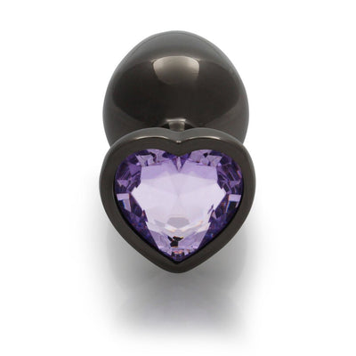 Medium-sized gunmetal metal plug with a heart-shaped amethyst jewel base on a white background.