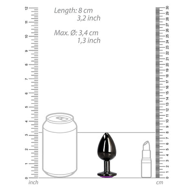 Medium-sized gunmetal metal butt plug with a heart-shaped amethyst jewel base shown with size comparison graphics.