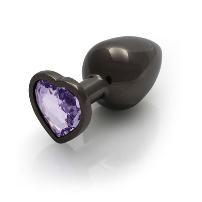 Medium-sized sleek gunmetal metal plug with a heart-shaped amethyst jewel base on a white background.