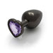 Medium-sized sleek gunmetal metal plug with a heart-shaped amethyst jewel base on a white background.