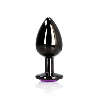 Medium-sized gunmetal metal butt plug with a tapered tip and purple jewel base, polished smooth finish.