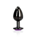 Medium-sized gunmetal metal butt plug with a tapered tip and purple jewel base, polished smooth finish.