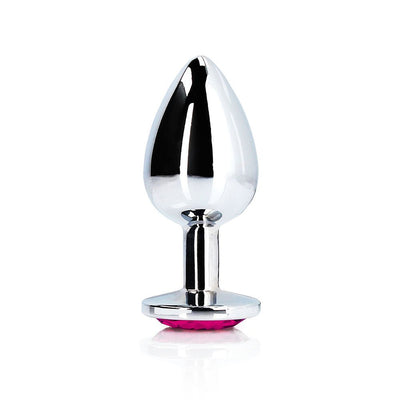 Medium-sized silver metal butt plug with a tapered tip and pink jewel base, polished smooth finish.
