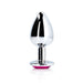Medium-sized silver metal butt plug with a tapered tip and pink jewel base, polished smooth finish.