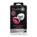 Packaging of Ouch! medium metal butt plug in silver with a pink heart-shaped gem base.
