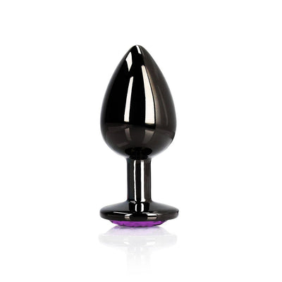 Small gunmetal metal butt plug with a tapered tip and purple jewel base, smooth and reflective finish.