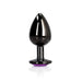 Small gunmetal metal butt plug with a tapered tip and purple jewel base, smooth and reflective finish.