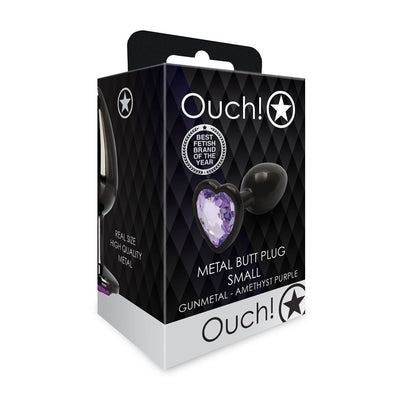 Packaging box of Shots Ouch! small gunmetal metal butt plug with amethyst purple heart gem.
