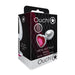 Packaging of a small silver metal butt plug with a pink heart-shaped jewel base from Ouch! brand.