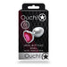 Small silver metal butt plug with a pink heart-shaped gem on the base in black and silver Ouch! packaging.