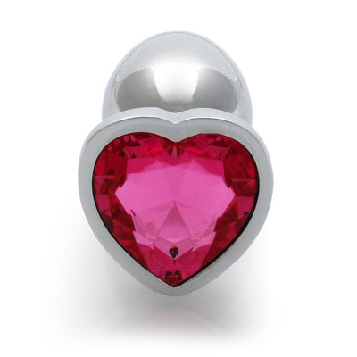 Small silver metal butt plug with a heart-shaped pink gem base, smooth tapered design for comfortable use.