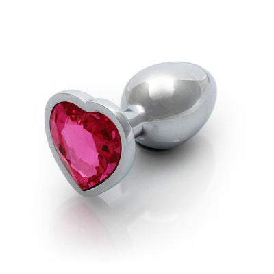 Small silver metal butt plug with a heart-shaped pink gem base, smooth and tapered for comfortable use.
