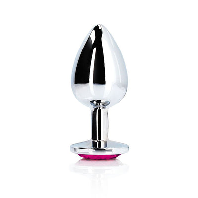 Small silver metal butt plug with tapered tip and pink jewel base, smooth polished finish.