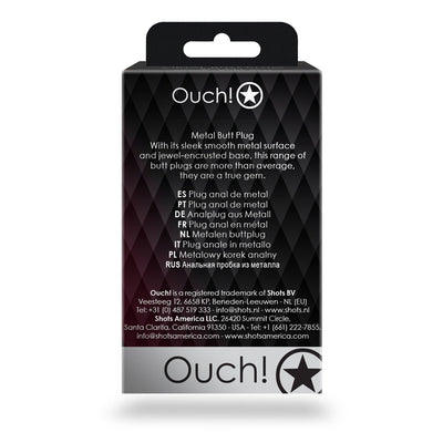 Packaging box for Shots Ouch! small metal butt plug with jewel-encrusted base, featuring product details and multilingual descriptions.