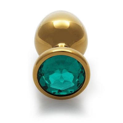 Large gold-toned round metal plug with a teal jewel base, smooth and tapered for comfortable use.