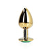 Large gold-toned metal butt plug with a tapered tip and green jewel base, polished smooth finish.