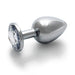 Large smooth metal butt plug with a clear round gem base, polished silver finish, and tapered tip for easy insertion.