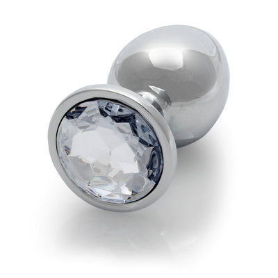 Large smooth silver metal plug with a clear faceted gem base, designed for comfortable and stylish wear.