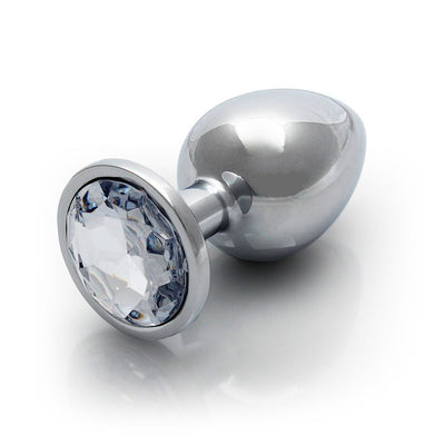 Large smooth silver metal plug with a clear faceted gem base, designed for comfortable and stylish wear.