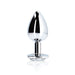 Large polished silver metal butt plug with a round jewel-encrusted base on a white background.