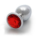 Large smooth metal butt plug with a round red gem base, polished silver finish and tapered shape.