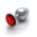Large smooth metal butt plug with a round red gem base, polished silver finish, and tapered shape.