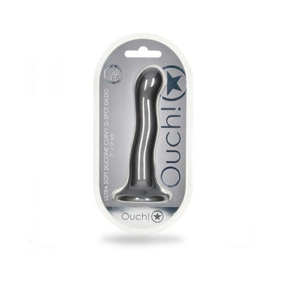 7-inch curvy G-spot dildo in metallic gray with suction base, packaged in clear blister pack labeled Ouch!