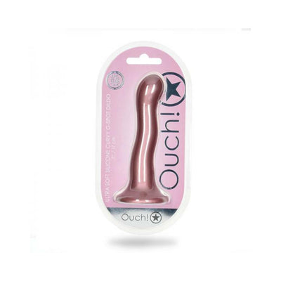Ouch! Ultra Soft Silicone 7-inch curvy G-spot dildo in metallic rose, packaged with pink and white backing.